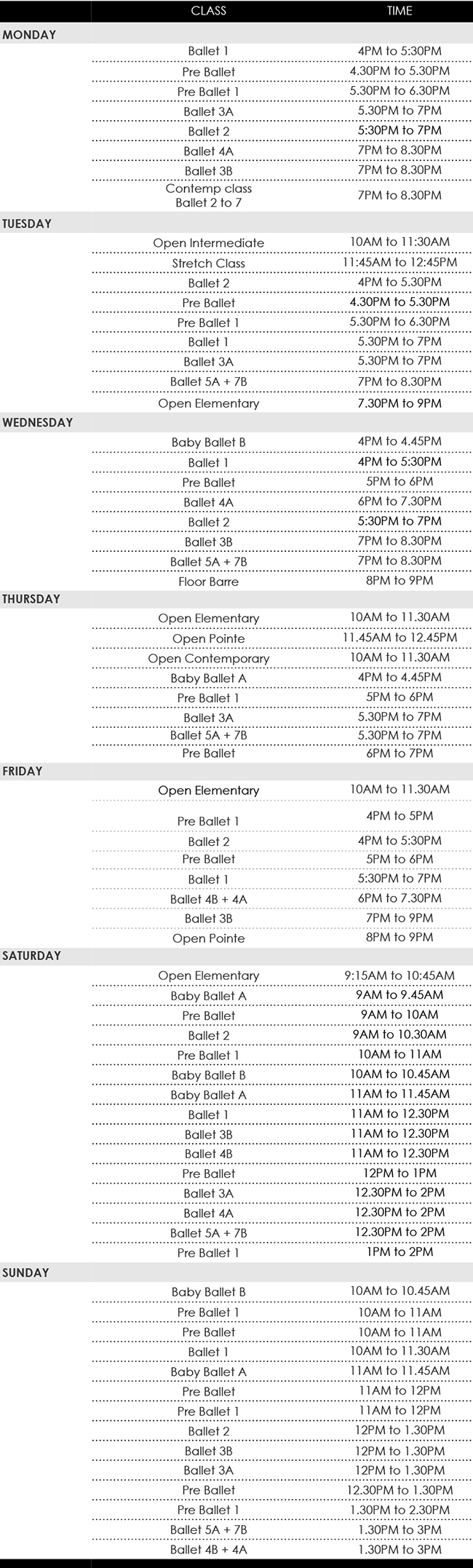 Ballet Class Schedule