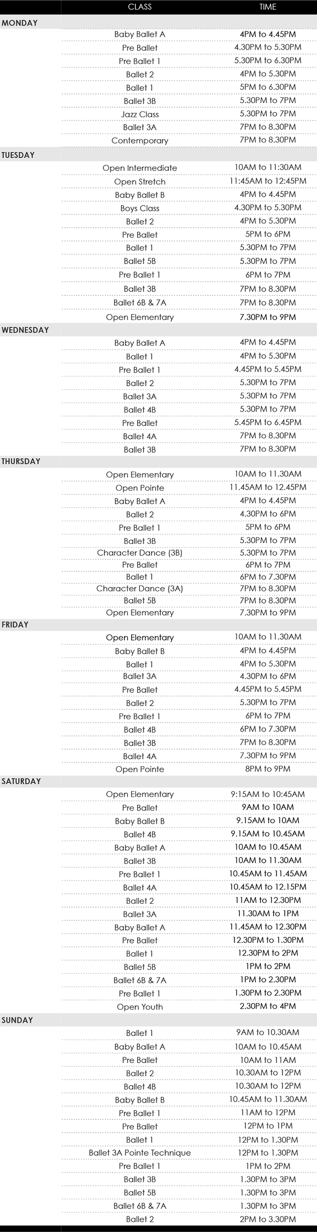Ballet Class Schedule